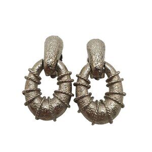 Textured Silver Tone Clip On Door Knocker Earrings Ribbed Oval Design